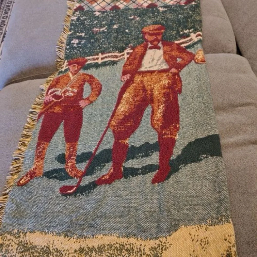 Vtg Golf Scene Woven Knit Throw Blanket Fringe Argyle Pattern 45x60” Warm Cozy